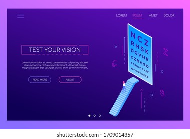 Test your vision - isometric vector web banner on purple background with copy space for text. An illustration with a patient looking at the eye chart. Eyesight checking, visual acuity, ophthalmology