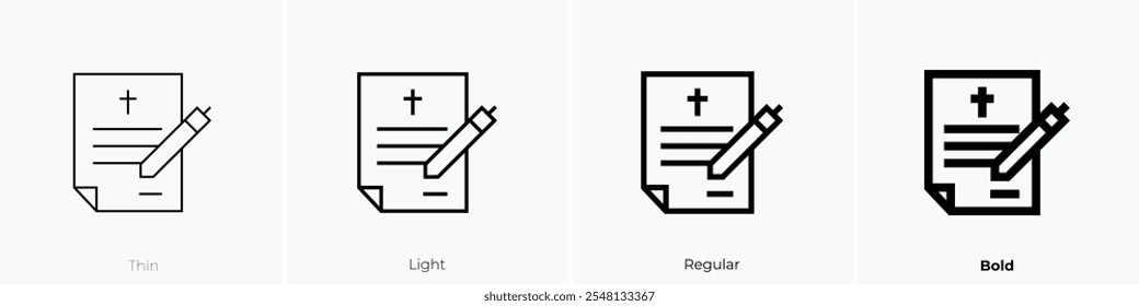 ícone de testamento. Design fino, leve, regular e negrito, isolado no fundo branco