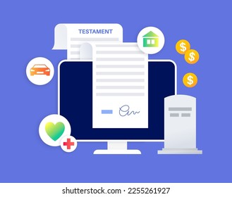 Testament and inheritance contract. Last weel form paper document. Legal work and lawyer consultation. Death planning for old age people. Finance letter, agreement signing flat vector illustration.