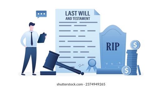 Testament, inheritance contract and last will, notary services. Legal work and lawyer consultation. Death planning for old age people. Finance letter, agreement signing. Tomb and money. flat vector