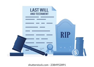 Testament, inheritance contract and last will, notary services. Legal work and lawyer consultation. Death planning for old age people. Finance letter, agreement signing. Tomb and money. flat vector