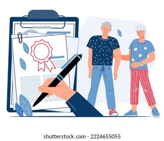 Testament and last will documents signing. Notary and official testamentary banner with retired elderly persons making disposal of their Estate and Savings, flat vector illustration isolated on white.