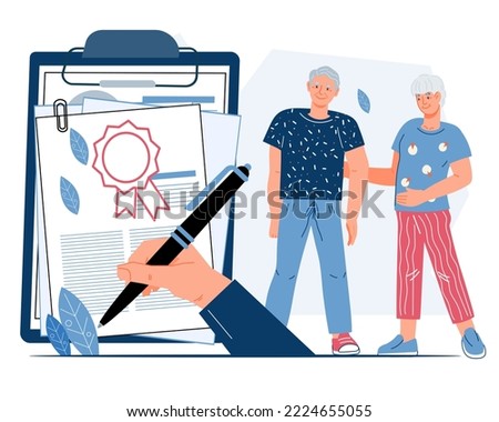 Testament and last will documents signing. Notary and official testamentary banner with retired elderly persons making disposal of their Estate and Savings, flat vector illustration isolated on white.