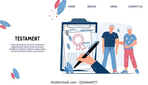 Testament and last will notary services banner for website or landing page. Web banner with retired elderly persons making disposal of their property, flat vector illustration.