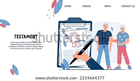 Testament and last will notary services banner for website or landing page. Web banner with retired elderly persons making disposal of their property, flat vector illustration.