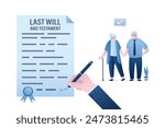 Testament and last will, property bequeath in old age. Big hand uses pen and signs document about wealth inheritance, official testamentary document. Grandparents, elderly couple. vector illustration