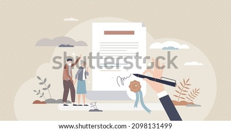 Testament and last wish property bequeath in old age tiny person concept. Pensioner retirement document about wealth inheritance with official document and official testamentary vector illustration.