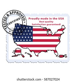 Tested And Approved. Proudly Made In USA, Best Quality - Stamp With The United States Of America Flag And Map. Print Colors Used