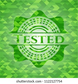 Tested green emblem. Mosaic background
