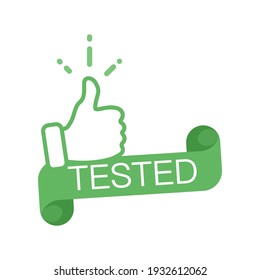 Tested label in the form of a twisted tape. Thumb up, tested vector icon. 