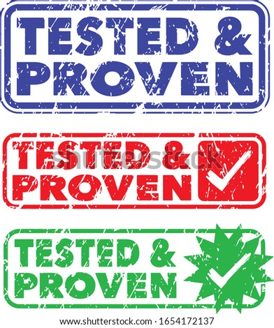 Tested & Proven stamps in rectangle shapes. Grunge texture.