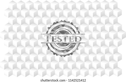 Tested retro style grey emblem with geometric cube white background