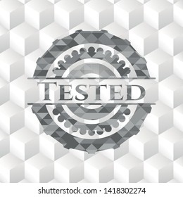 Tested retro style grey emblem with geometric cube white background
