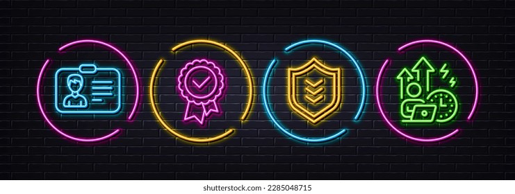 Sello probado, tarjeta de identificación e iconos mínimos de línea Escudo. Luces 3d láser neón. Iconos de estrés difíciles. Para web, aplicación, impresión. Vector
