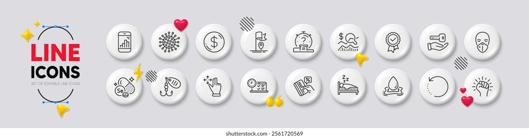 Tested stamp, Sleep and Online test line icons. White buttons 3d icons. Pack of Empower, Medical mask, Quiz icon. Buying house, Flag, Credit card pictogram. Vector