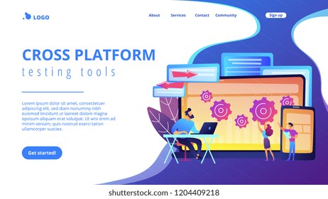 Tester and developer work with laptop and tablet. Cross platform bug founding, bug identification and testing team concept on white background. Website vibrant violet landing web page template.