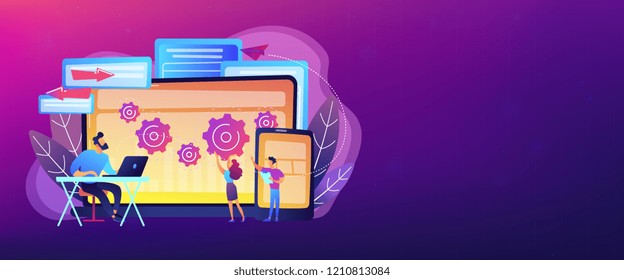 Tester and developer work with laptop and tablet. Cross platform bug founding, bug identification and testing team concept on white background. Header or footer banner template with copy space.