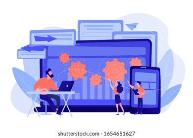 Tester and developer work with laptop and tablet. Cross platform bug founding, bug identification and testing team concept on white background. Pinkish coral bluevector isolated illustration