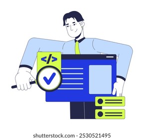 Tester searching bug in software 2D illustration concept. Developer engineer holding magnifying glass cartoon character isolated on white. Syntax code assessment metaphor abstract flat vector graphic