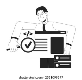 Tester searching bug in software black and white 2D illustration concept. Developer engineer holding magnifying glass outline character isolated. Syntax code assessment metaphor monochrome vector art