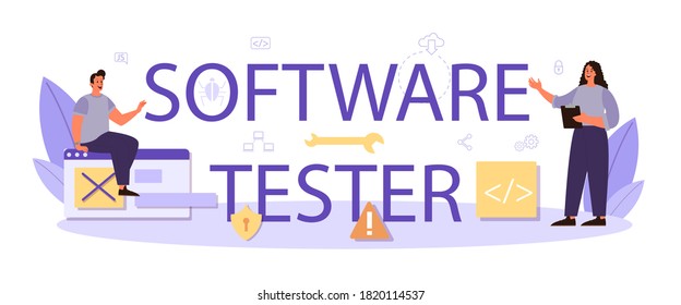 Tester software typographic header. Application or website code test process. IT specialist searching for bugs. Idea of computer technology. Digital analysis. Vector illustration in cartoon style