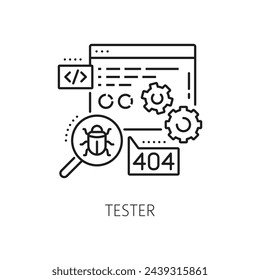 Tester, IT specialist of software testing and analysis vector icon for digital engineering or development technology. Computer or web app software test specialist of UI UX usability or debugging test