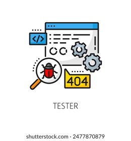 Tester vacancy, IT specialist career, web development job outline color icon. Website software development, application tester linear vector sign or icon with browser page, bug and magnifying glass