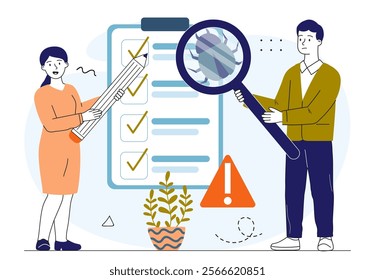 Testers looking for bugs. Woman and man with magnifying glass looking for errors in code. Testing of software, program or application. Programmers and IT specialists. Linear vector illustration