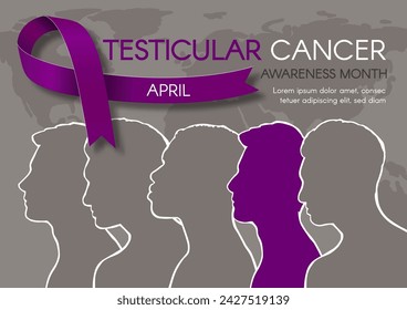 Testicular Cancer Awareness Month banner. Design template with diverse men, text and a purple ribbon. Vector illustration.