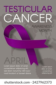 Testicular Cancer Awareness Month poster. Design a template with text and a purple ribbon. Vector illustration.