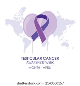 Testicular Cancer Awareness Week vector. Purple ribbon against testicular cancer vector. Cancer ribbon with world map and balloons silhouette icon vector isolated on a white background