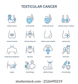 Hodenkrebssymptome, Diagnose- und Behandlungsvektorsymbole. Medizinische Symbole.
