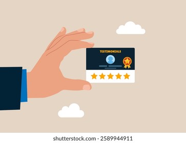 Testimonial card with good reviews. Testimonials client review, feedback giving 5 stars rating, positive comment, quality service. Flat vector illustration
