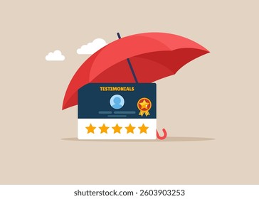 Testimonial card under umbrella. Testimonials client review, customer praise or opinion or feedback giving 5 stars rating, message or positive comment, quality service. Flat vector illustration