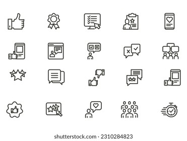 Conjunto de iconos de Testimonios, Comentarios del cliente y Experiencia del usuario relacionados
