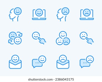 Testimonial and Emoticon vector line icons. Feedback and Emotions outline icon set. Mood, Positive and Negative Reactions, Client Satisfaction, Ranking and more.