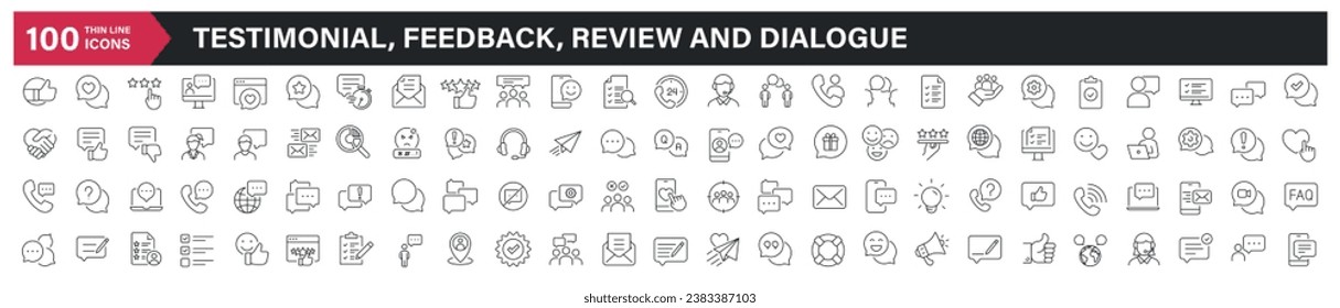 Testimonial, feedbac, review and dialogue thin line icons. For website marketing design, logo, app, template, ui, etc. Vector illustration.