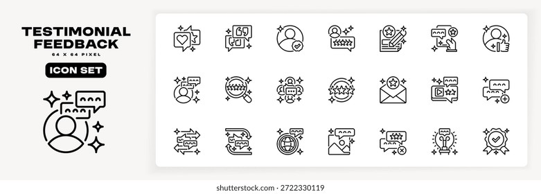 Testimonial and Feedback Icon Set Line Icon, Outline Symbol for Customer Evaluation, User Rating, Client Satisfaction, Service Critique, and Brand Reputation. Vector Sign Icon.