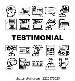 testimonial feedback quote icons set vector. business comment, speech web, graphic chat, quotation bubble, information banner testimonial feedback quote black contour illustrations