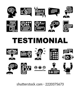 iconos de comillas de comentarios testimoniales conjunto vector. comentario de negocios, web de voz, chat gráfico, burbuja de presupuesto, banner de información comentarios testimoniales cotización pictograma de glifos Ilustraciones