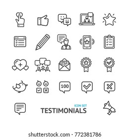 Testimonial, Feedback and Review Signs Black Thin Line Icon Set Isolated on White Background Positive Symbol. Vector illustration