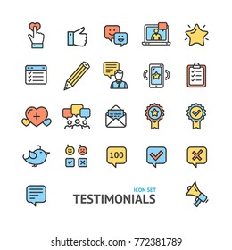 Testimonial, Feedback and Review Signs Color Thin Line Icon Set Support Quality Marketing Service Satisfaction Customer. Vector illustration