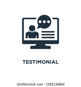 Testimonial icon. Black filled vector illustration. Testimonial symbol on white background. Can be used in web and mobile.