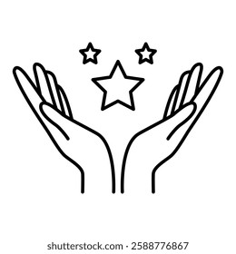 Testimonial icon in line style with editable stroke. Hands offering stars icon in line style with editable stroke