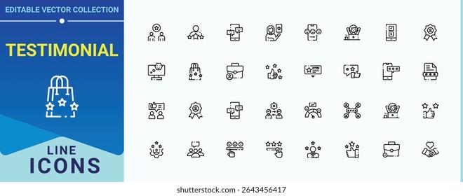 Testimonial icon set. Includes thin line symbols happy, review, like, feedback and more. Satisfaction icon set. Simple line vector icons. Editable stroke. Pixel Perfect.