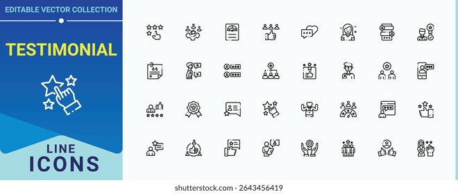 Testimonial icon set. Includes thin line symbols happy, review, like, feedback and more. Satisfaction icon set. Simple line vector icons. Editable stroke. Pixel Perfect.
