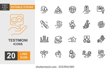 Testimonial line editable icon set. Feedback, comment, opinion, rate, star, review and more line icons.