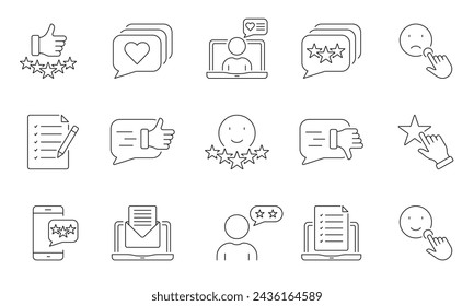 Testimonial Line Icon Set. Customer Satisfaction Symbol Collection. Client Feedback Linear Pictogram. Like, Comment Outline Sign. Rate And Review. Editable Stroke. Isolated Vector Illustration.