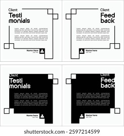 Testimonial material layout feed design. Square pixel theme concept with text on black and white background.