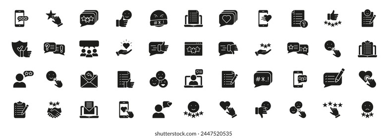 Testimonial And Online Rating Silhouette Icon Set. Customer Review Symbol Collection. Client Opinion Glyph Pictogram. Feedback Solid Sign. Consumer Experience. Isolated Vector Illustration.
